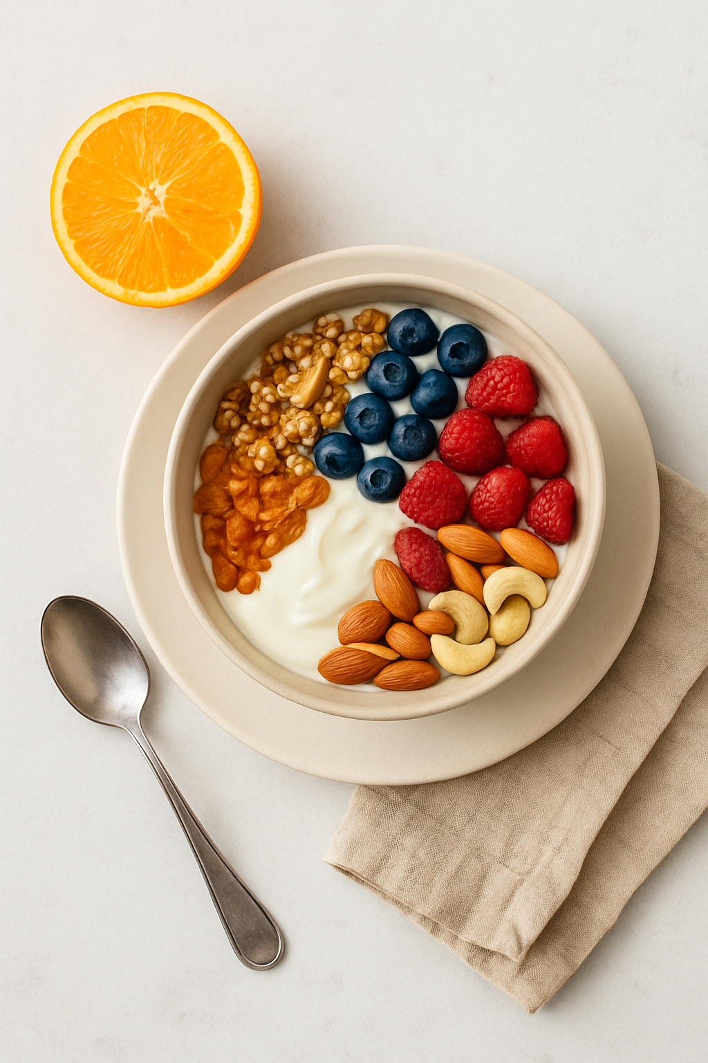 Ingredientes naturales: yogur con frutas y frutos secos